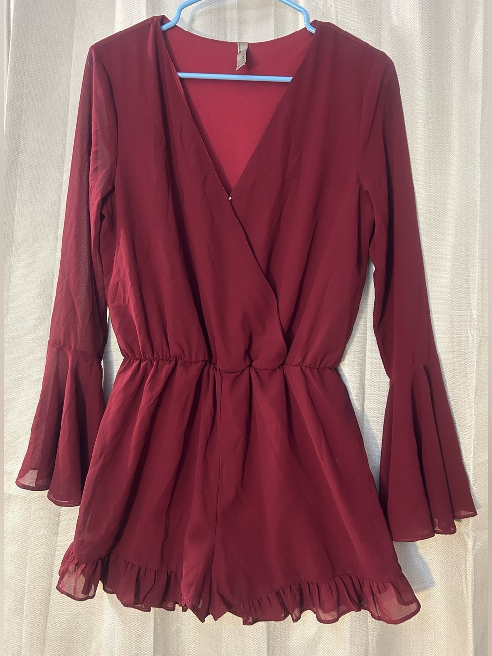 Entro Boho Maroon Chiffon Long Flare Sleeve Romper Ruffled Hem size M